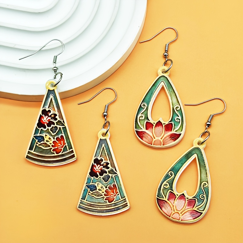Chinese Style Floral Acrylic Water Drop Earrings Set